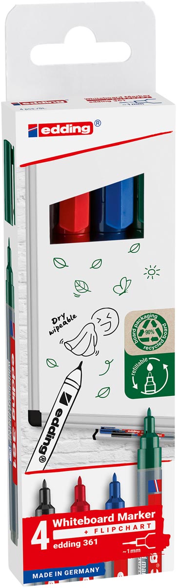 Edding -  whiteboard marker E-361, geassorteerde kleuren, blister van 4 stuks