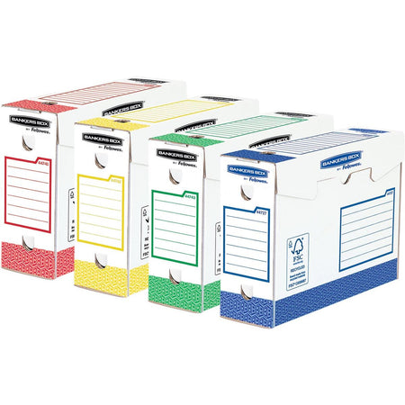 Bankers Box - boîte d'archives de base robuste, pi 9,5 x 24,5 x 33 cm, couleurs assorties, paquet de 8
