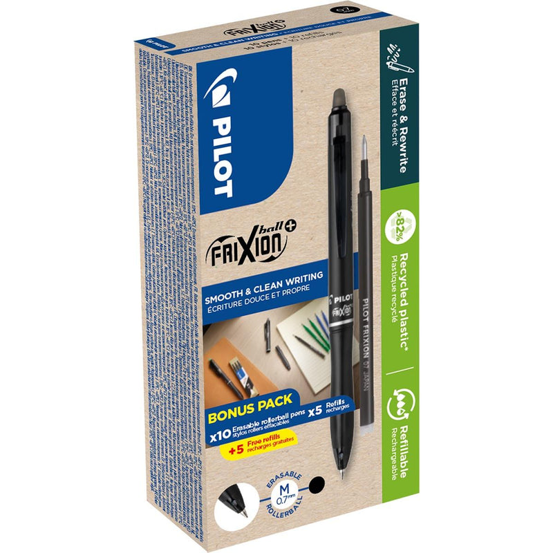 Pilot - Roller FriXion Ball Plus, moyen, noir, boîte de 10 pièces + 10 recharges