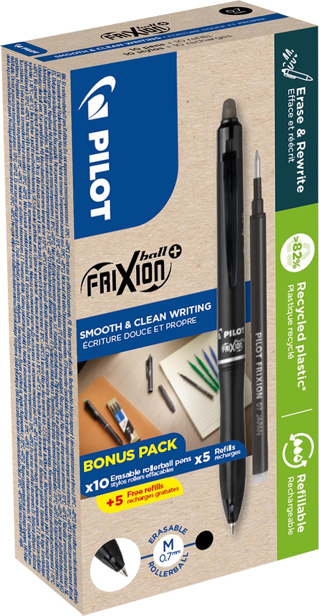 Pilot - FriXion Ball Plus Roller, mittel, schwarz, Box mit 10 Stück + 10 Nachfüllungen