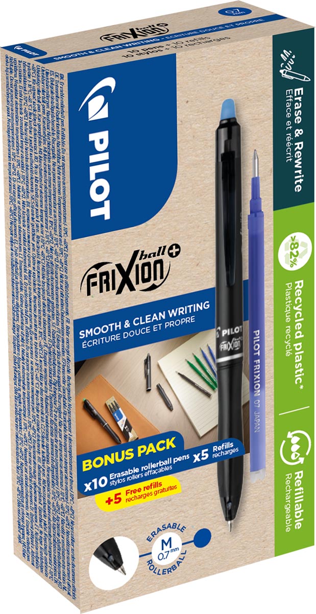 Pilot - Roller FriXion Ball Plus, moyen, bleu, boîte de 10 pièces + 10 recharges
