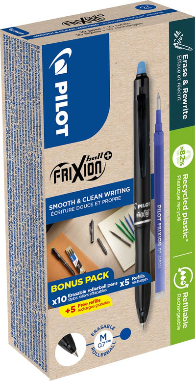 Pilot - Roller FriXion Ball Plus, moyen, bleu, boîte de 10 pièces + 10 recharges