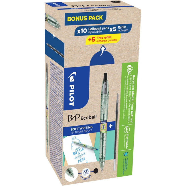 Pilot - Stylo à bille Ecoball B2P BeGreen, grand, noir, boîte de 10 pièces + 10 recharges