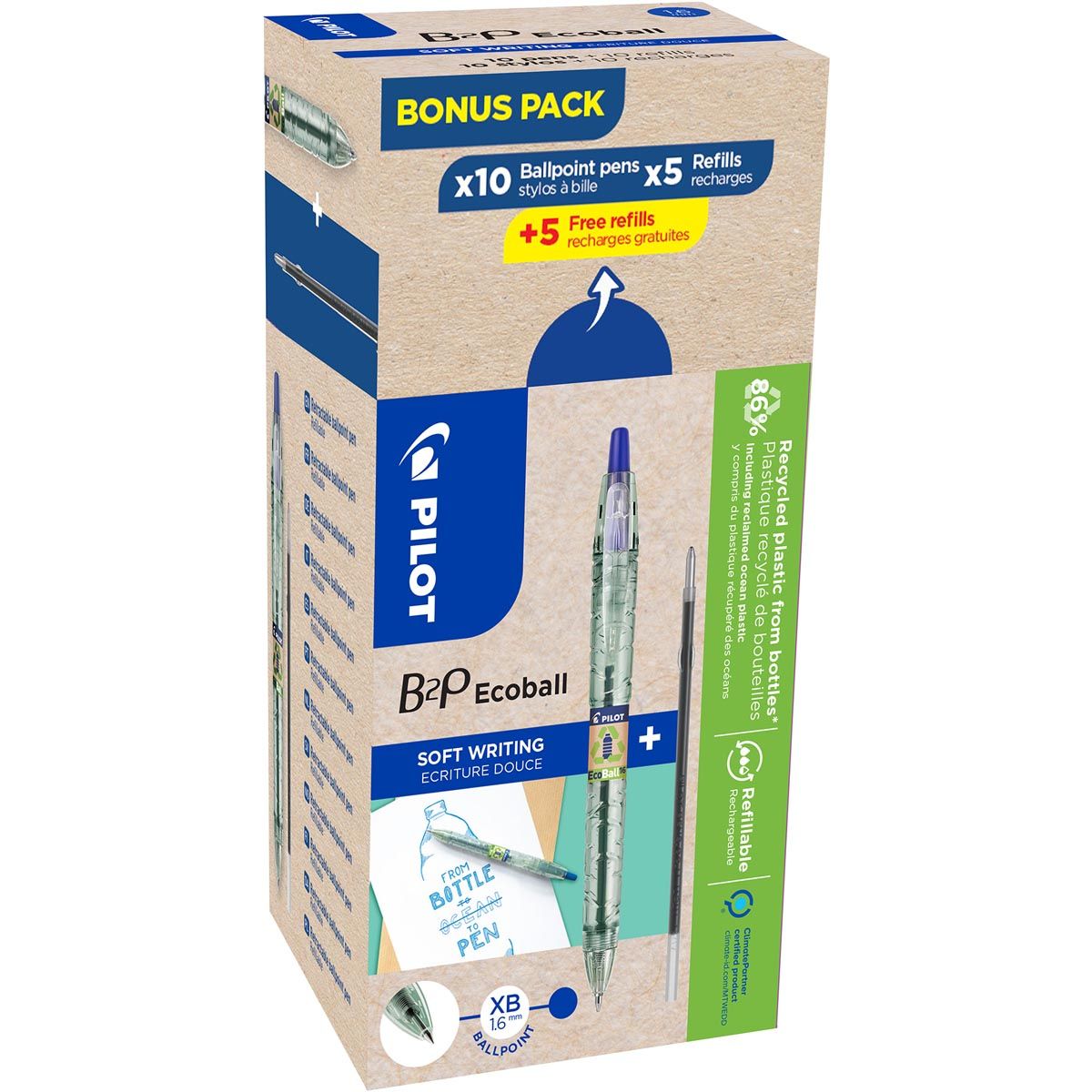 Pilot - Ecoball B2P BeGreen Kugelschreiber, groß, blau, Box mit 10 Stück + 10 Minen