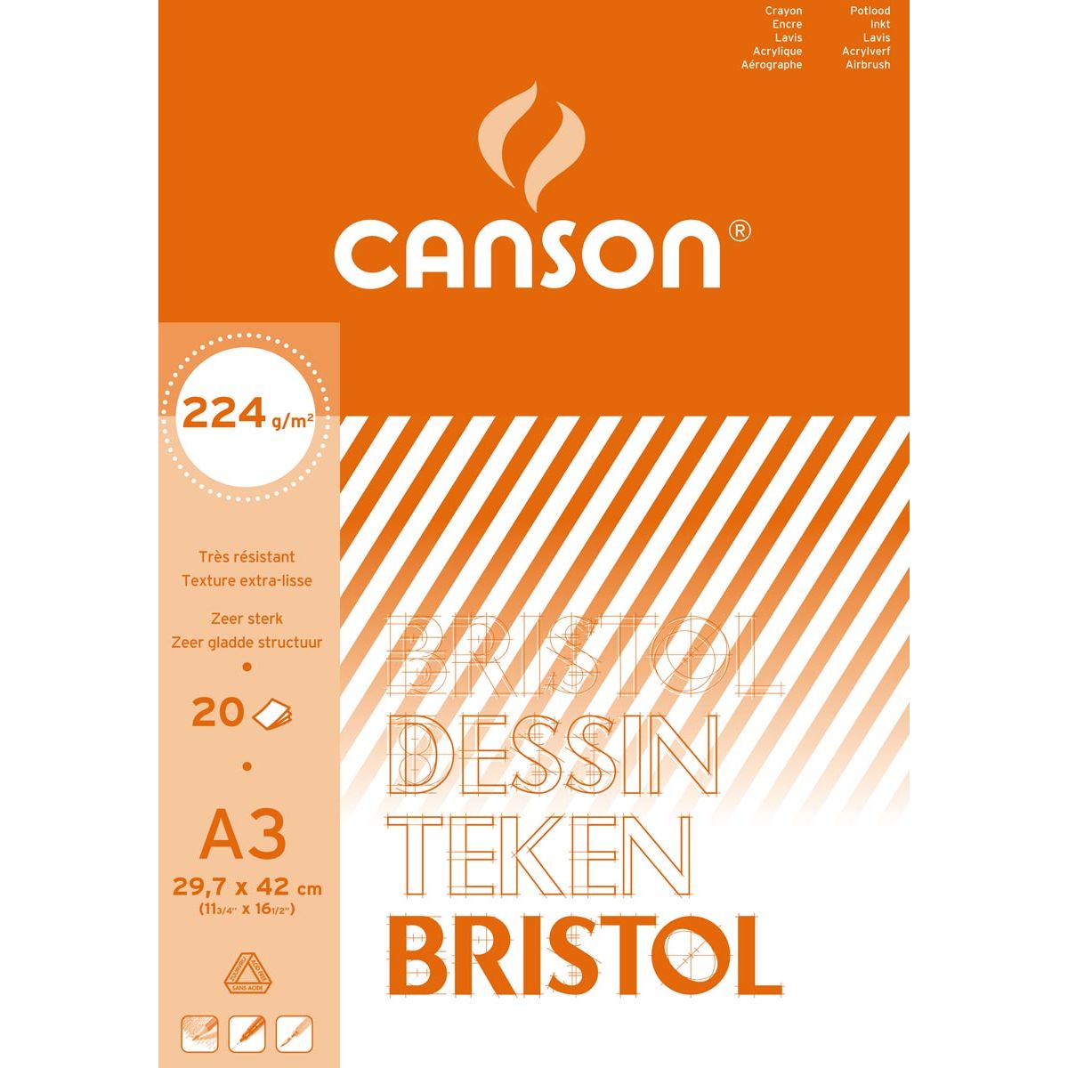 Canson - Zeichenpapier Bristol, 224 g, ft 29,7 x 42 cm, A3, Block mit 20 Blatt