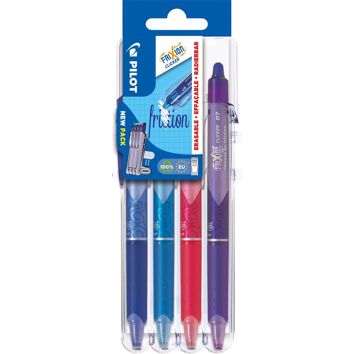 Pilot -  intrekbare roller FriXion Ball Clicker 2 Go, medium punt, 0,7 mm, blister met 4 stuks