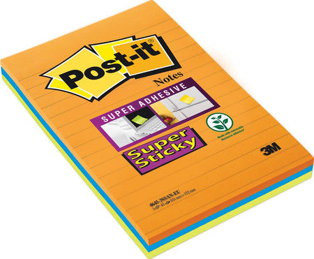 Post-it Super Sticky - Notes, 45 feuilles, pi 102 x 152 mm, couleurs assorties, paquet de 3