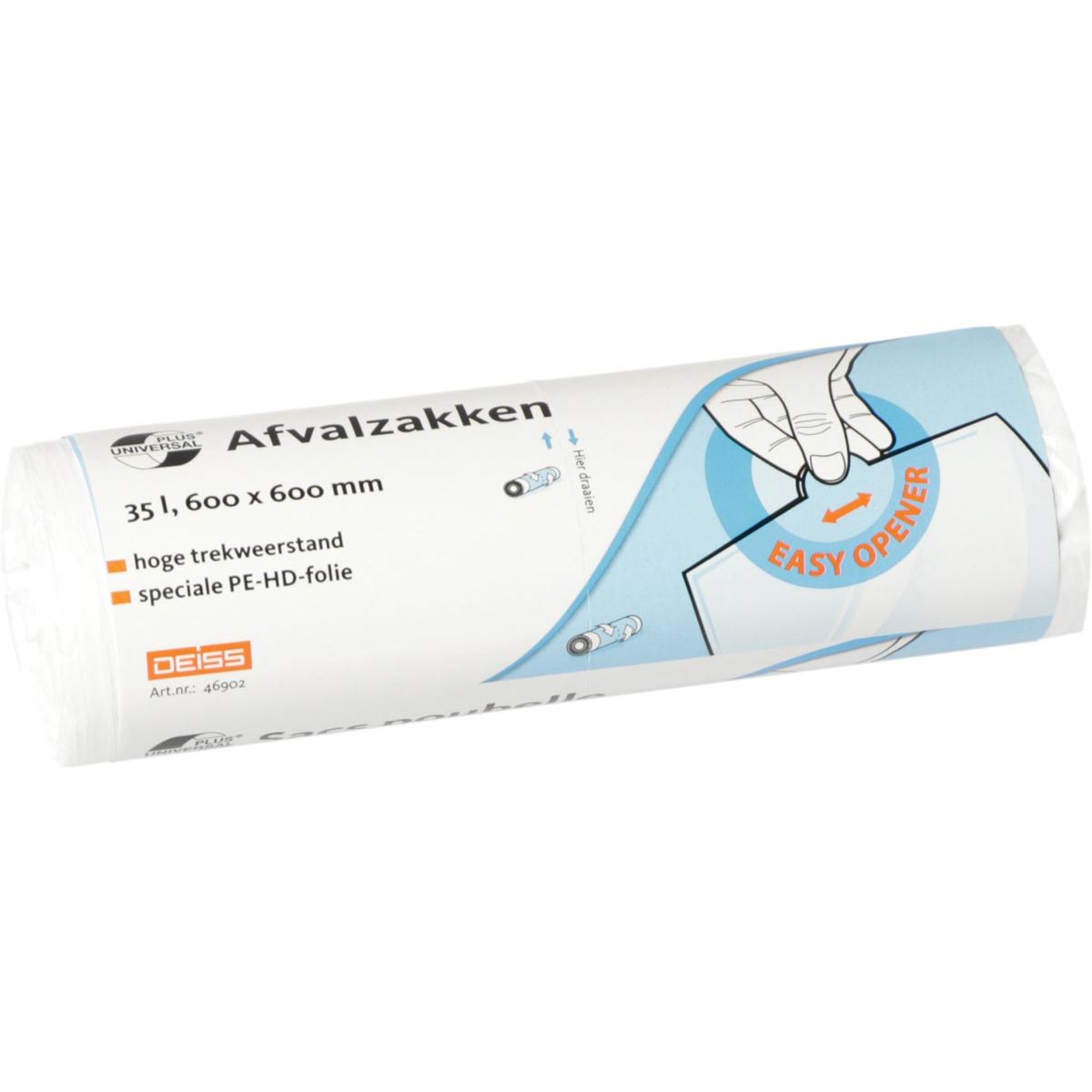 Klika -  Universal Plus vuilniszak 10 micron, ft 60 x 60 cm, 35 liter, wit, rol van 50 stuks