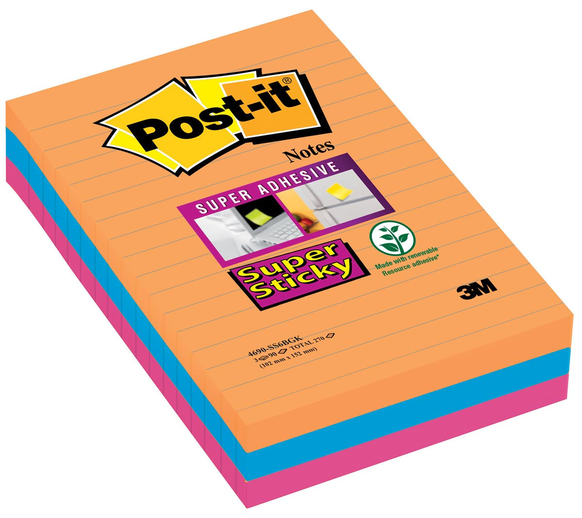 Post -it - Super Sticky Notes xxl Boost, 90 Blatt, ft 101 x 152 mm, ausgekleidet, verschiedene Farben, Pack von 3