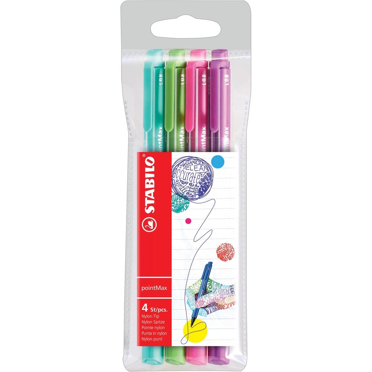 STABILO -  pointMax schrijfstift, 0,8 mm, etui van 4 stuks in geassorteerd fun kleuren
