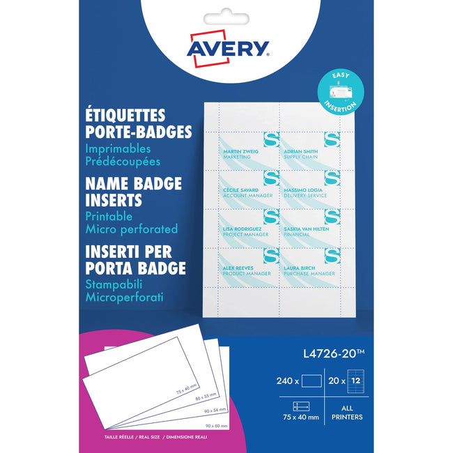 Avery -  Badgekaart  l4726-20 40x75mm perf 20vel