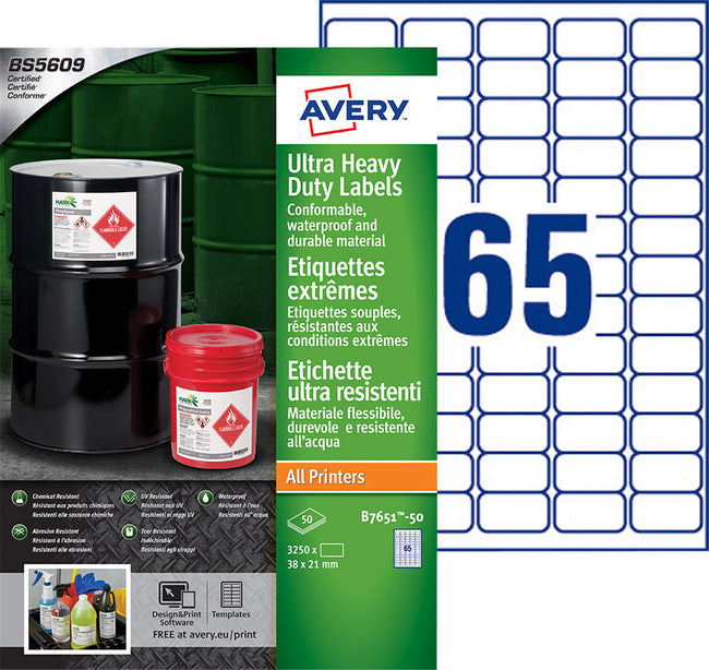 Avery -  Etiket  b7651-50 38x21mm polyester wit 3250st | 5 stuks
