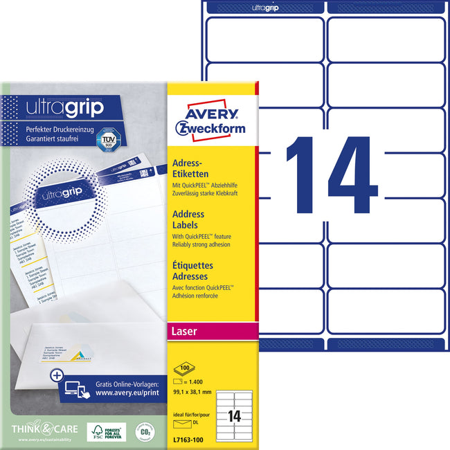 Avery -  Etiket  l7163 99.1x38.1mm wit 1400st