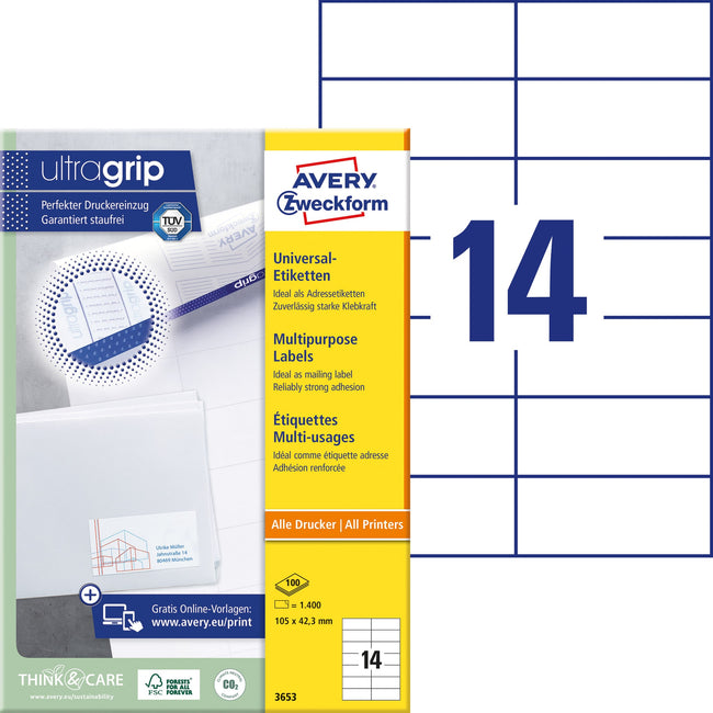 Avery Zweckform -  Etiket avery 3653 105x42.3mm wit 1400st