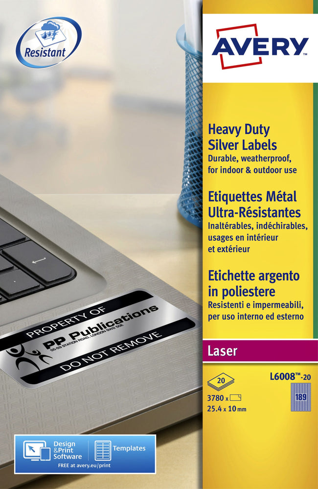 Avery -  Etiket  l6008-20 25.4x10mm zilver 3780st