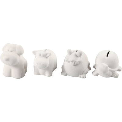 Creotime - Tirelire animaux Creativ Company terre cuite 4 pièces hibou, renard, lièvre et hérisson 9-10cm blanc