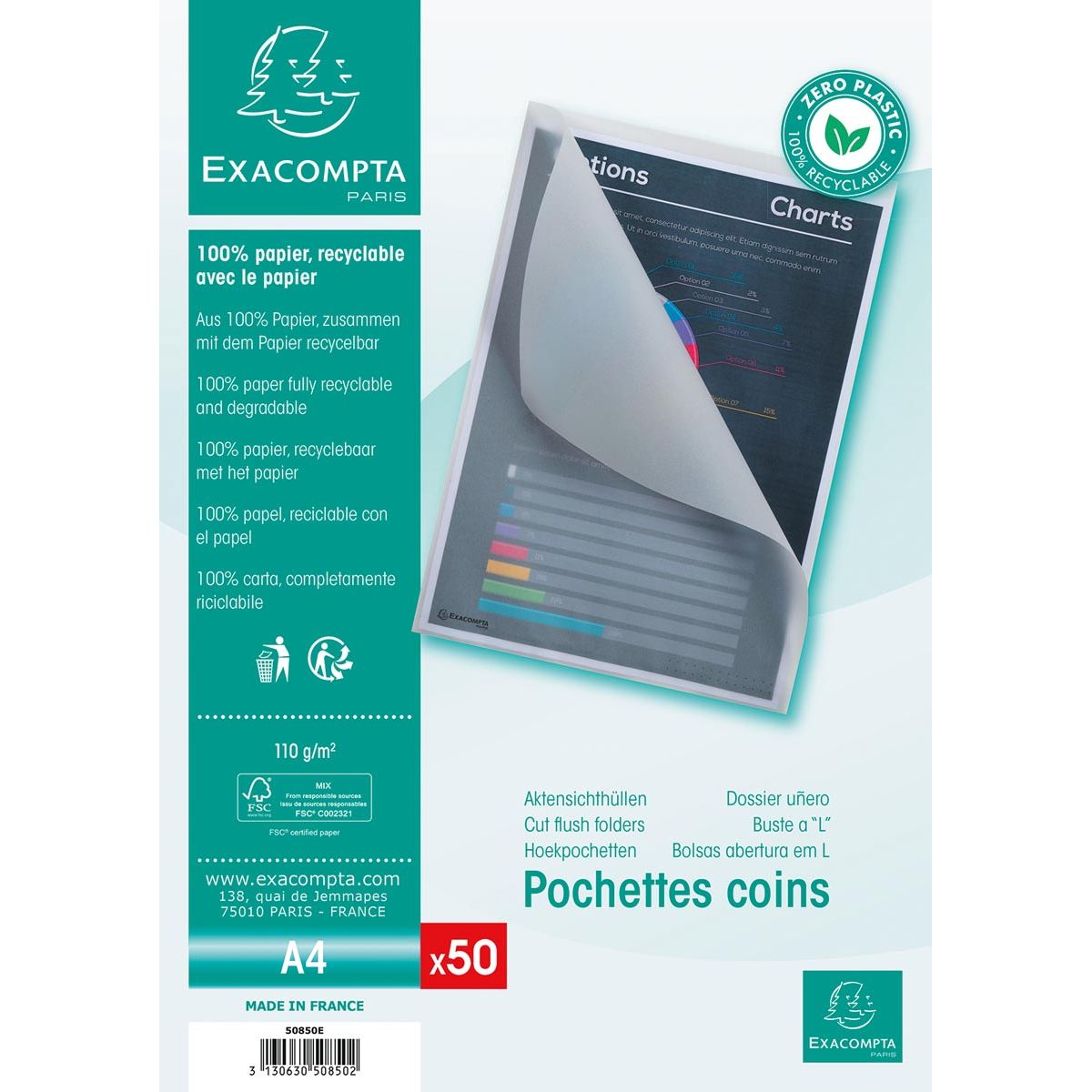 Exacompta - Chemise L Cut-flush, en papier 110 g/m², paquet de 50 pièces