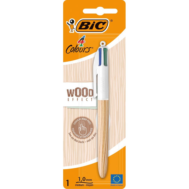 Bic - Colors Wood Style, stylo à bille 4 couleurs, moyen, couleurs d'encre classiques, sous blister
