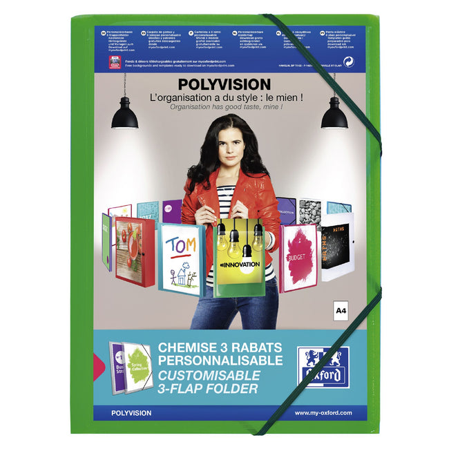 Oxford - Dossier Elasto Polyvision A4 avec pochette 3 rabats PP vert | 12 pièces