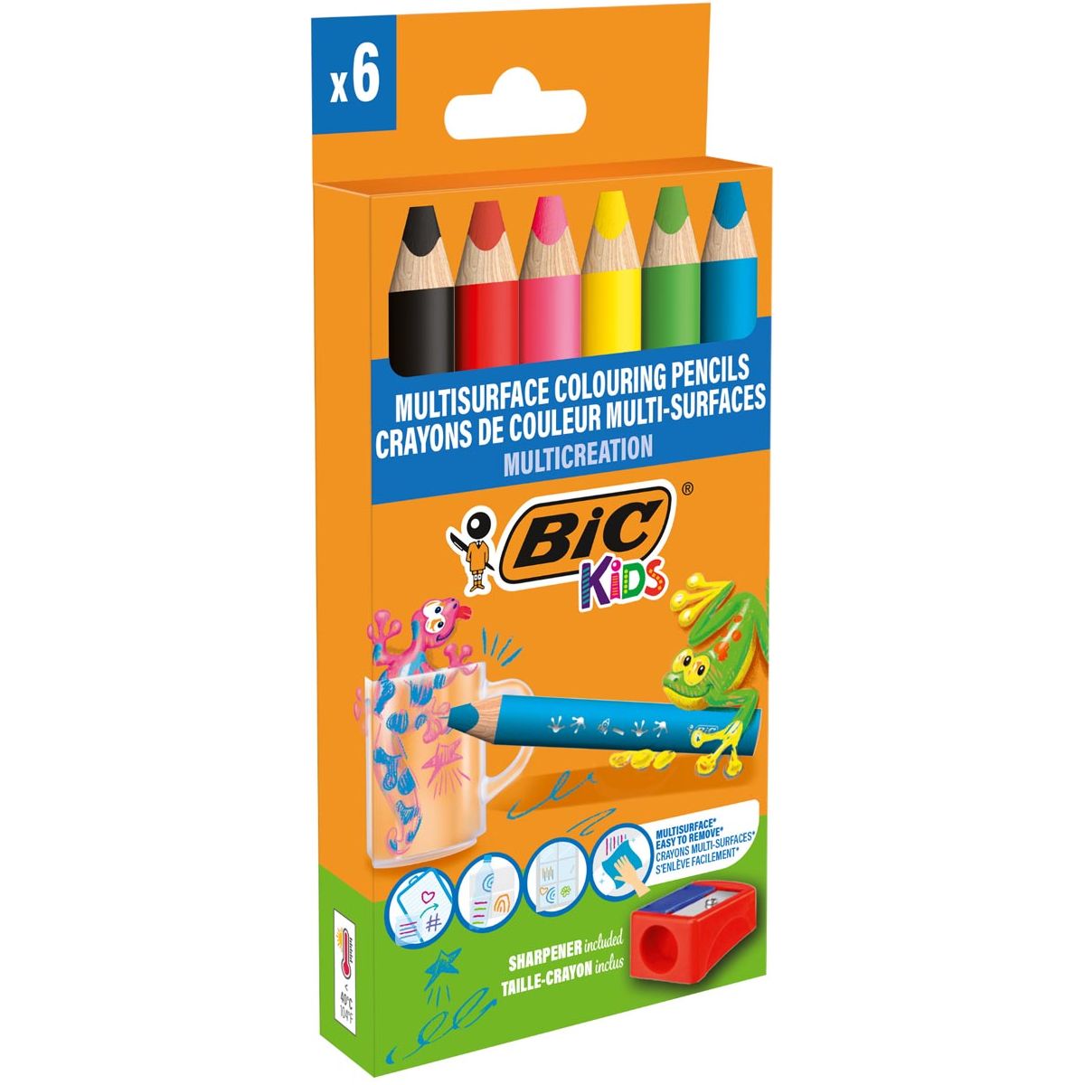 BIC Kids - Kids Colored Bencil Multis Hurface, Assorti, Gehäuse von 6 Teilen + Mühle