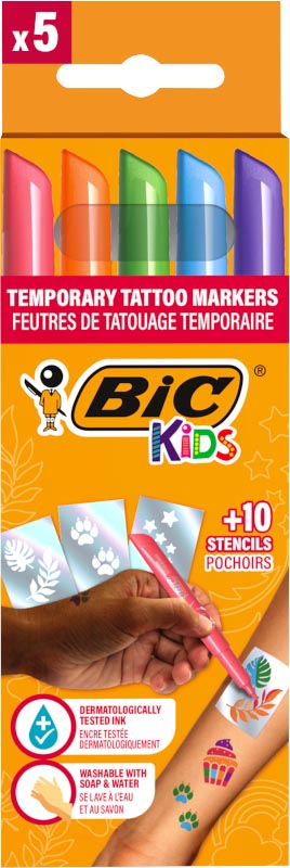Bic Kids – Tattoo-Marker-Set für Kinder, sortiert, Set mit 5 Stiften und 10 Schablonen