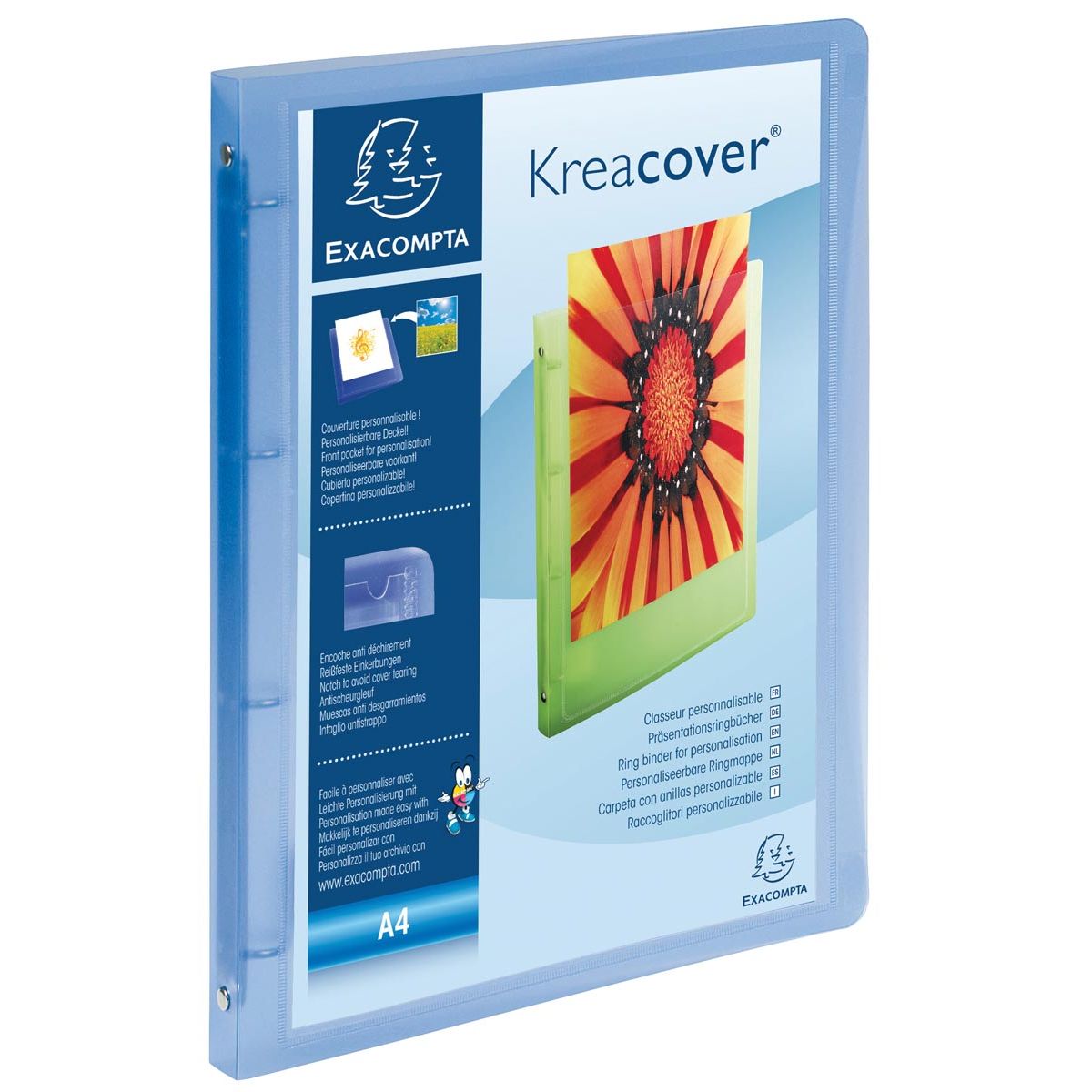 Exacompta - Exaclair Classeur à anneaux personnalisable Kreacover 4 anneaux, bleu transparent