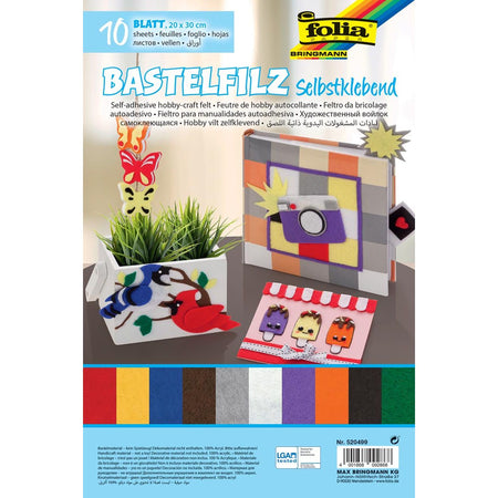 Folia - feutre autocollant pi 20 x 30 cm, paquet de 10 feuilles de couleurs assorties