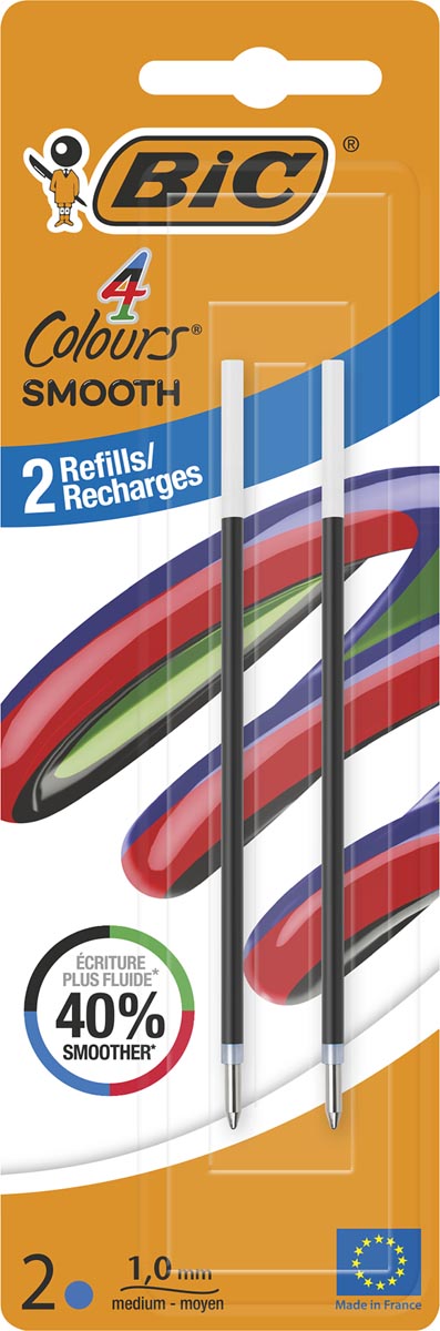 Bic - recharge pour stylo à bille 4 Couleurs Lisse, moyen, blister de 2 pièces, bleu