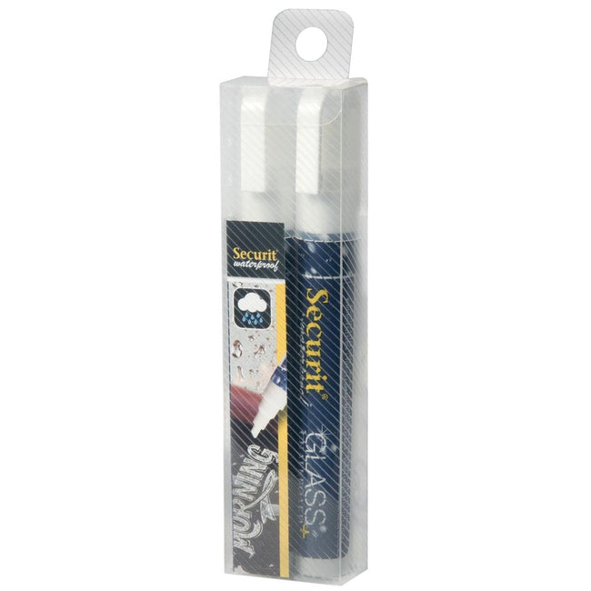 Securit - Marqueur craie imperméable moyen blanc, blister de 2 pièces