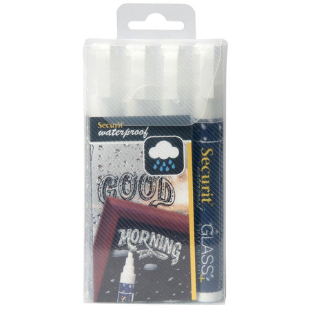 Securit - Marqueur craie imperméable moyen blanc, blister de 4 pièces