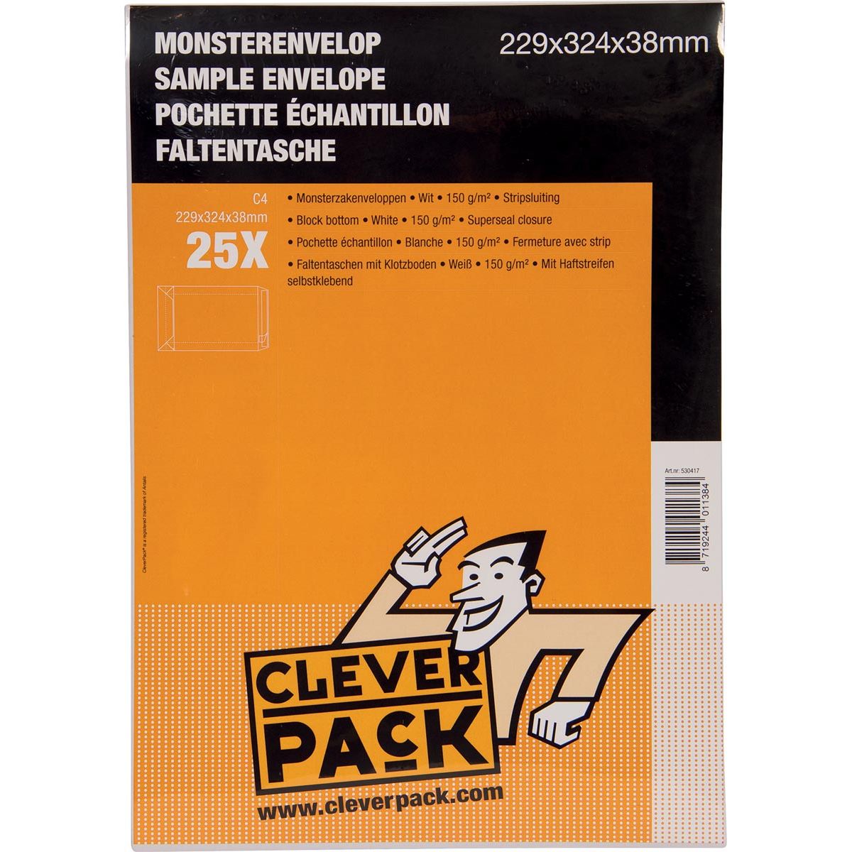 Cleverpack - Cleverpack monsterenveloppen, ft 229 x 324 x 38 mm, met stripsluiting, wit, pak van 25 stuks