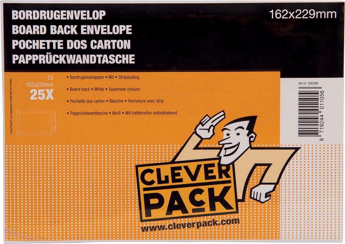 Cleverpack -   bordrugenveloppen, ft 162 x 229 mm, met stripsluiting, wit, pak van 25 stuks