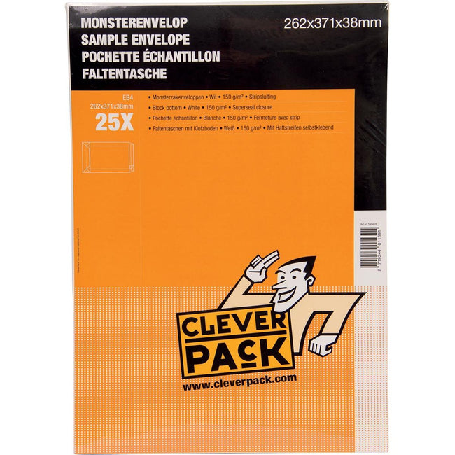 Cleverpack - enveloppes échantillons, ft 262 x 371 x 38 mm, avec fermeture à bande, blanc, paquet de 25
