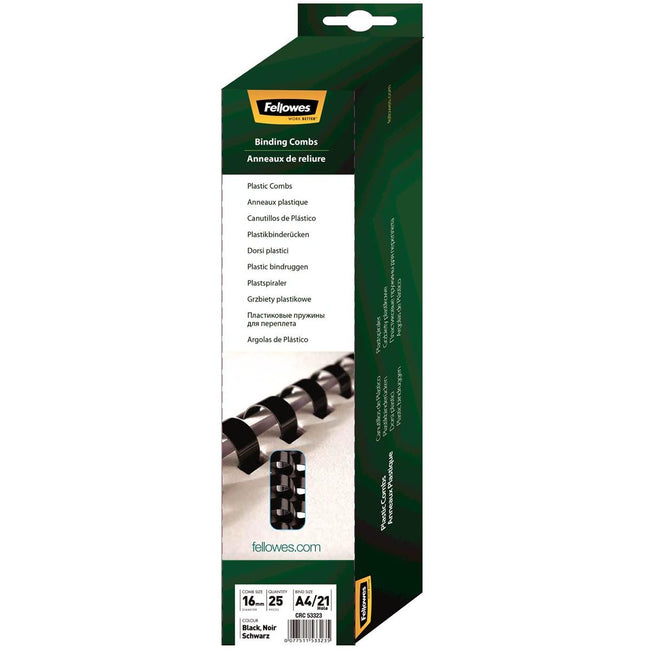 Fellowes - peignes à reliure, paquet de 25, 16 mm, noir