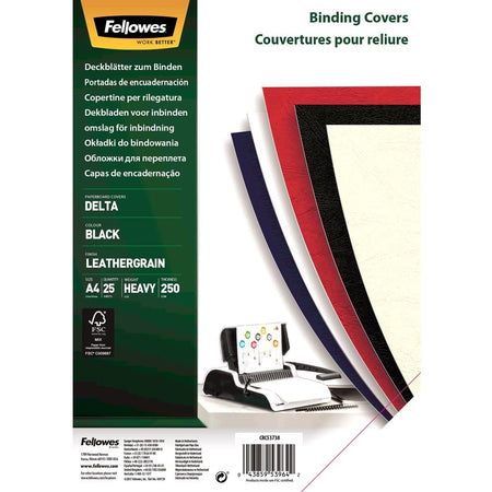 Fellowes - pages de garde aspect cuir ft A4, 180 microns, noir, paquet de 25 pièces
