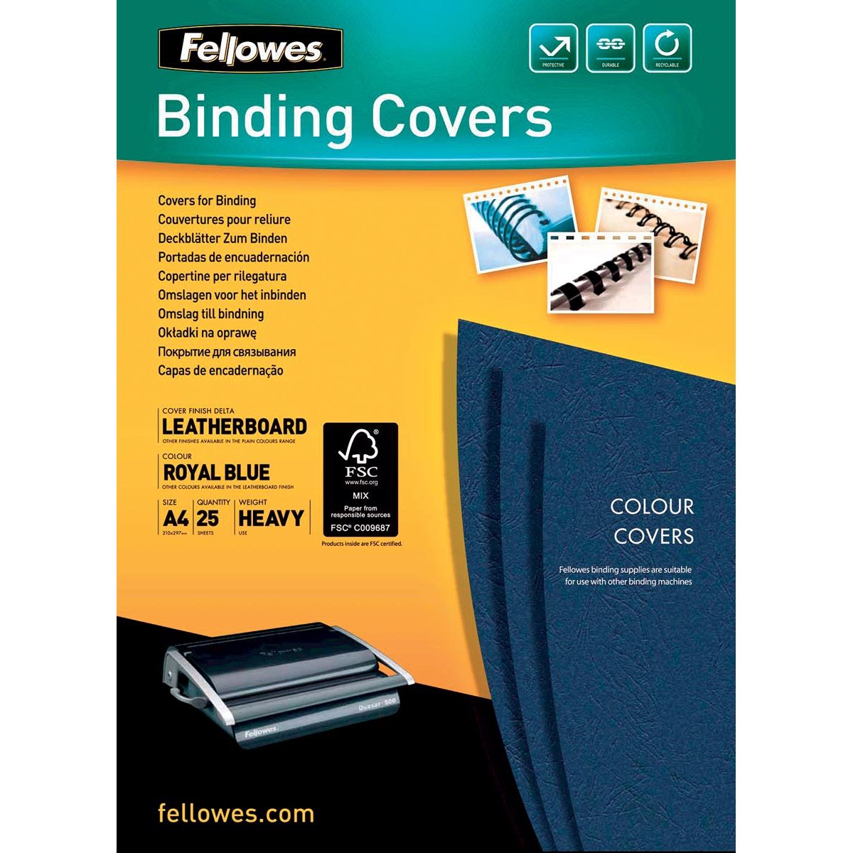 Fellowes -  omslagen, ft A4, karton lederlook, 250 micron, pak van 25 stuks, blauw