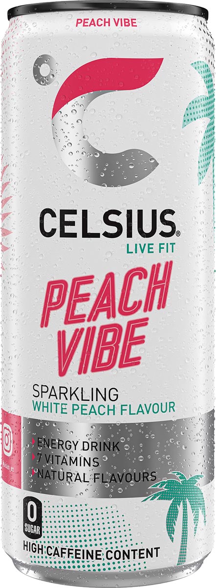 Celsius -   Peach Vibe, blik van 25 cl, pak van 12 stuks