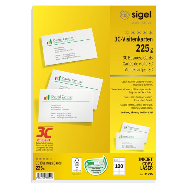 Sigel - Visitenkarte 85x55mm 225gr glatte Seiten weiß 100 Stück