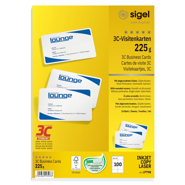Sigel - Visitenkarte 85x55mm blanko 225gr runde Ecken weiß 100 Stück