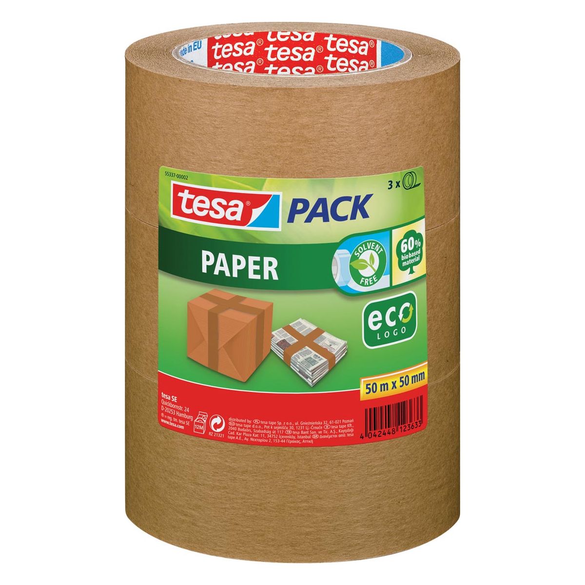 Tesa - Packpapier Ecologo, ft 50 mm x 50 m, braun, Packung mit 3 Teilen