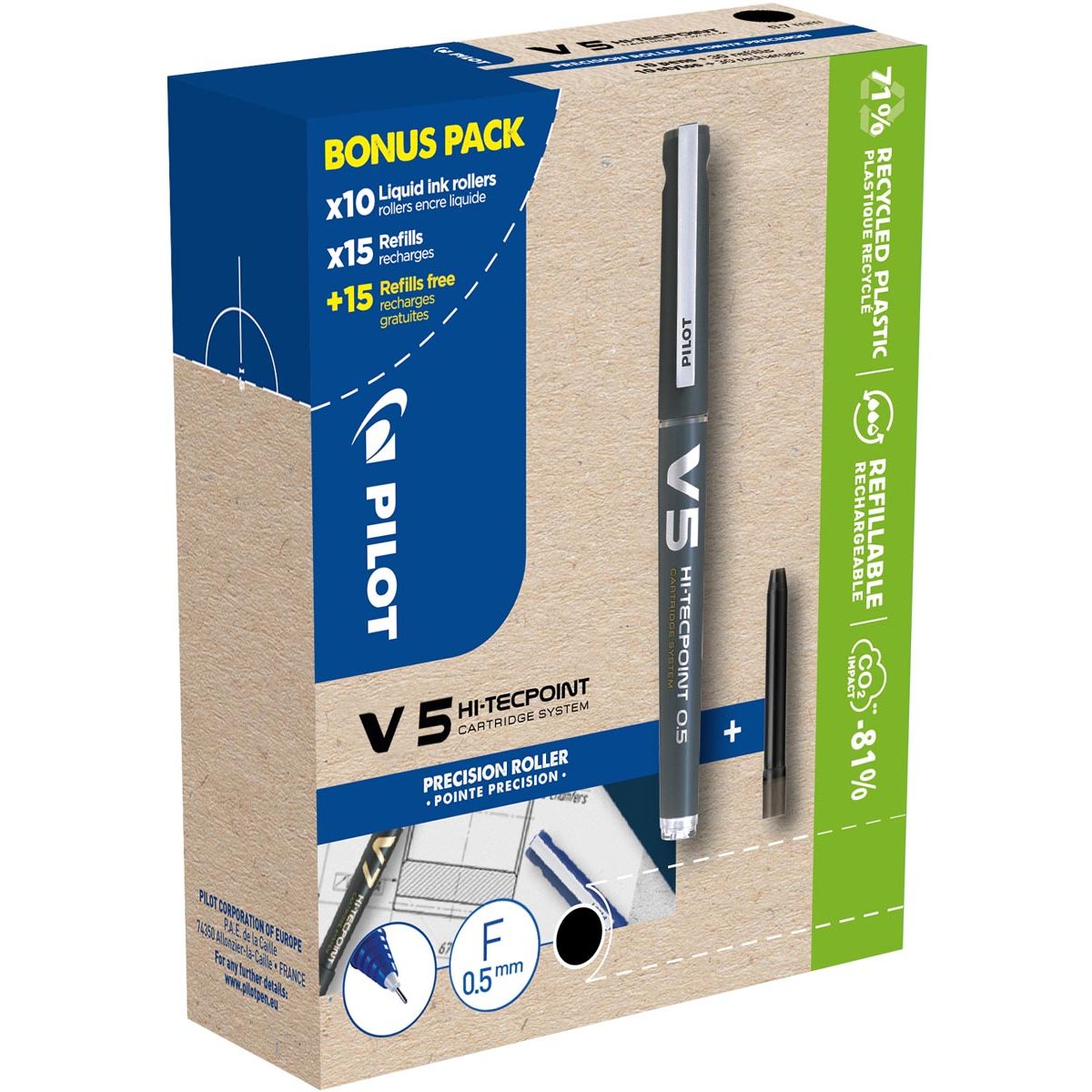 Pilot - Hi-Tecpoint V5, 10 rouleaux + 30 recharges, fin, noir