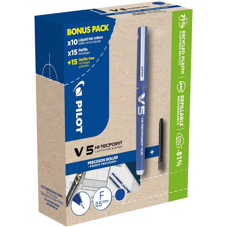 Pilot - Hi-Tecpoint V5, 10 rouleaux + 30 recharges, fin, bleu