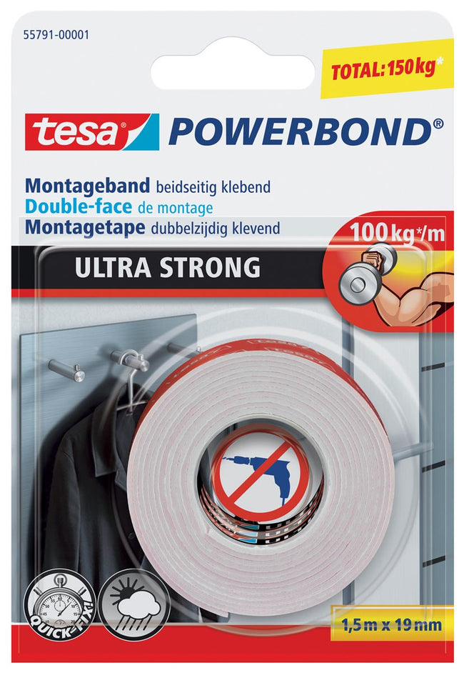 Tesa - Ruban adhésif ® Powerbond Ultra Strong double face 1,5mx19mm blanc