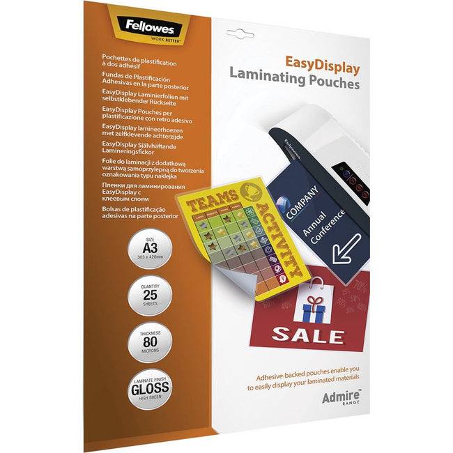 Fellowes - Lamining Coos bewundern - EasyDissplay, Selbstadhäsiv, Enhance80, ft A3, Pak von 25 Teilen