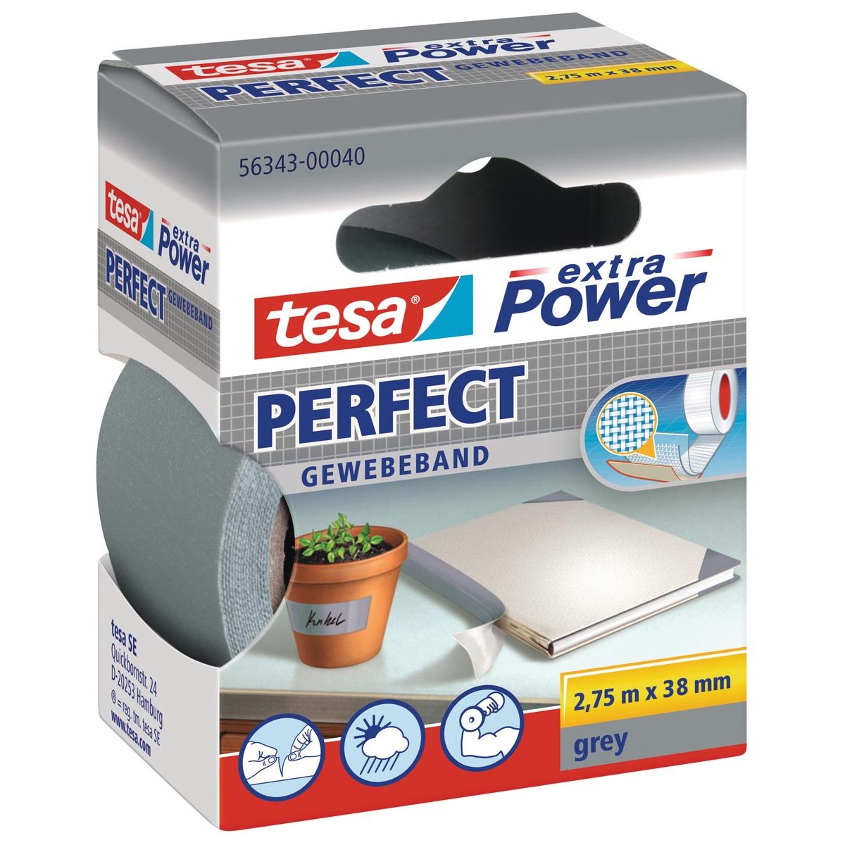 Tesa - Extra Power Perfect, ft 38 mm x 2,75 m, grau