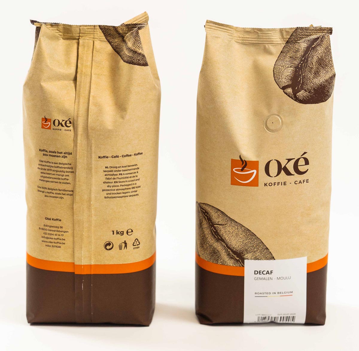 OKE Koffie - Café OK, moulu, sac de 1 kg, Deca