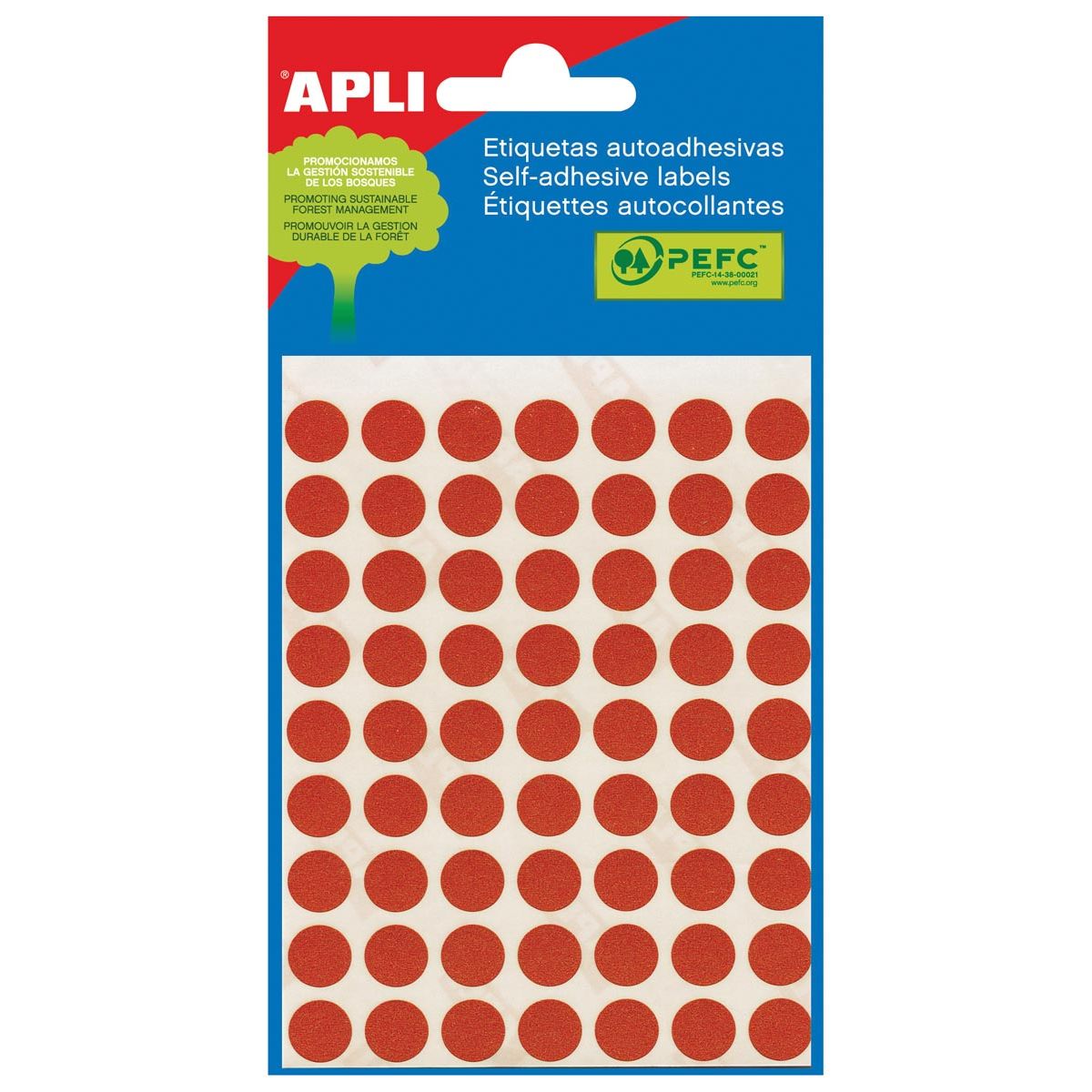 Apli -  ronde etiketten in etui diameter 10 mm, rood, 315 stuks, 63 per blad (2053)