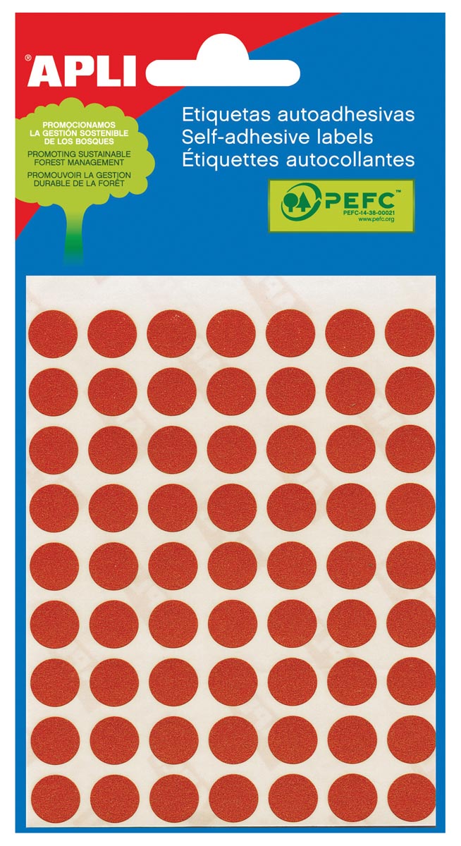 Apli - runde Etiketten im Etui Durchmesser 10 mm, rot, 315 Stück, 63 pro Blatt (2053)
