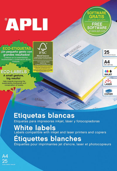Apli - Étiquettes blanches amovibles pi 25,4 x 10 mm (l x h), 4 725 pièces, 189 par feuille, caisse de 25 feuilles