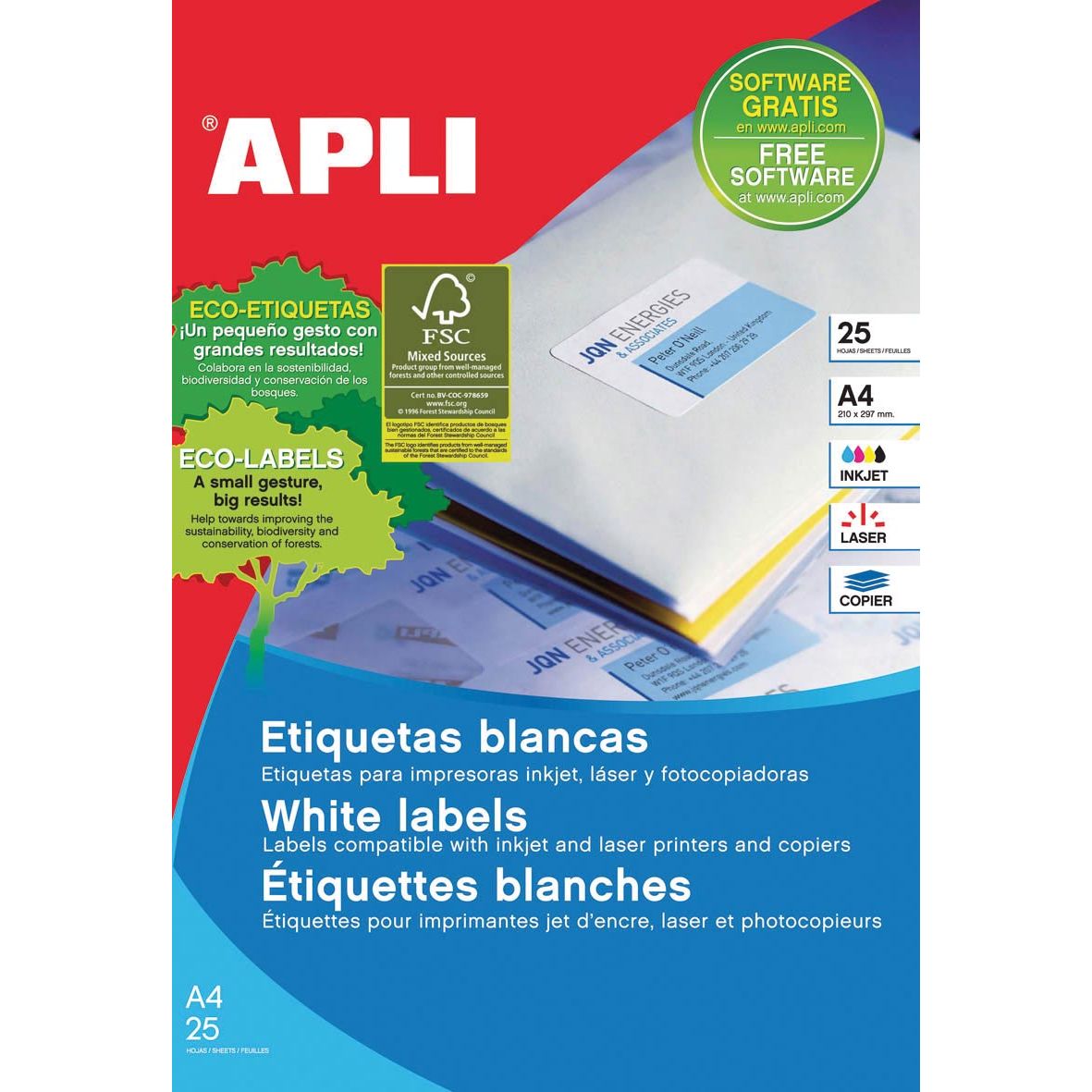 Apli - afneembare witte etiketten ft 25,4 x 10 mm (b x h), 4.725 stuks, 189 per blad etui van 25 blad